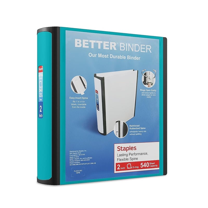 Staples Better Binder 2-Inch D-Ring View Binder, Reinforced Spine, Holds Up to 540 Sheets, Teal, for Office & School - Image 1