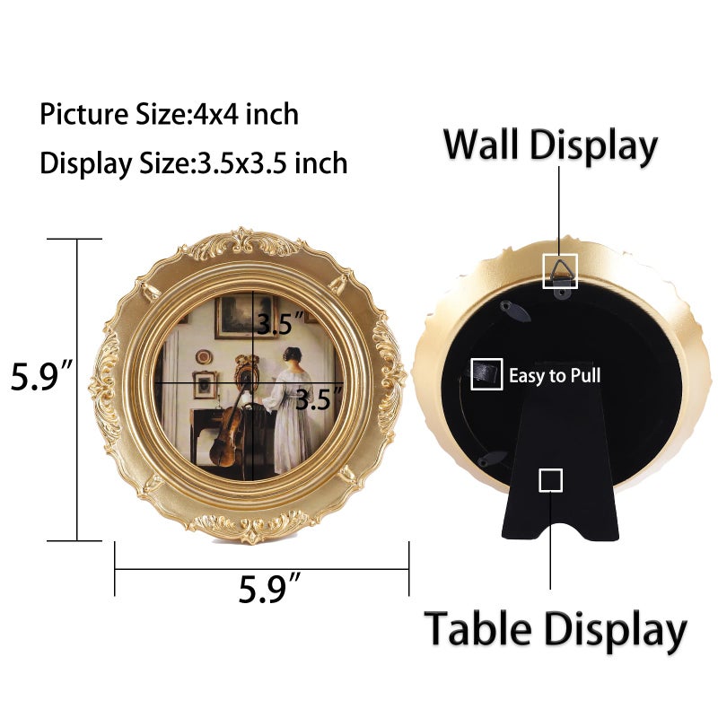 LIHOLO Small Vintage Picture Frames 4x4 Ornate Gold Round Antique Picture Frames for Tabletop and Wall Mount Decorative Gallery Wall Decor Retro Home Decor - Image 2