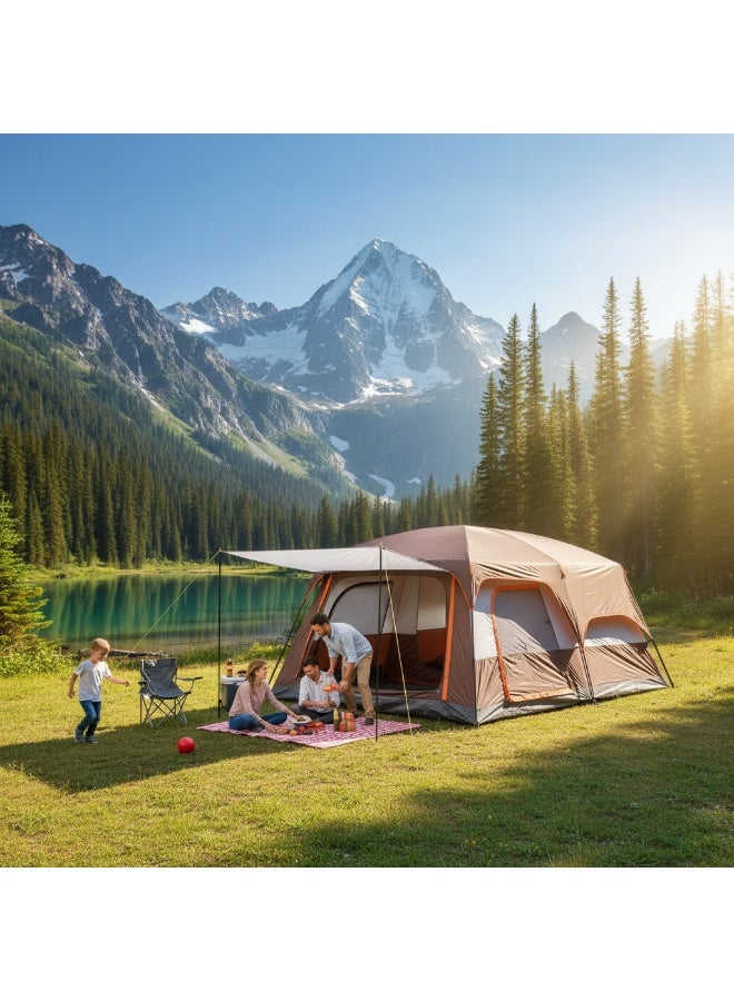5-7 Person Double-Deck Outdoor Camping Tent | Family Cabin Tent with One Bedroom and One Living Room | Waterproof Tent for Hiking and Trekking – Brown - Image 4