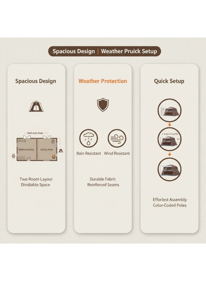 5-7 Person Double-Deck Outdoor Camping Tent | Family Cabin Tent with One Bedroom and One Living Room | Waterproof Tent for Hiking and Trekking – Brown - Image 3