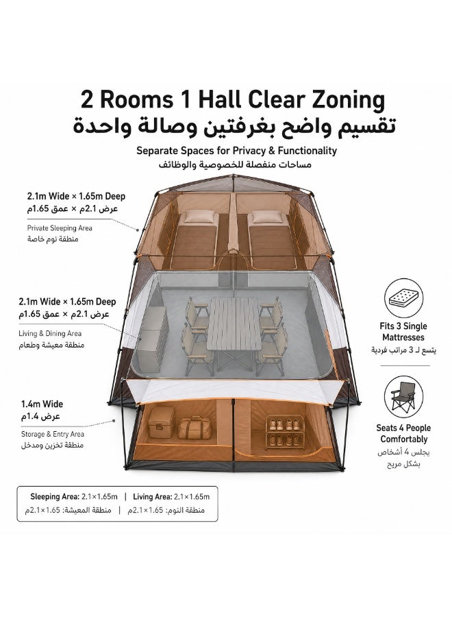 5-7 Person Double-Deck Outdoor Camping Tent | Family Cabin Tent with One Bedroom and One Living Room | Waterproof Tent for Hiking and Trekking – Brown - Image 4