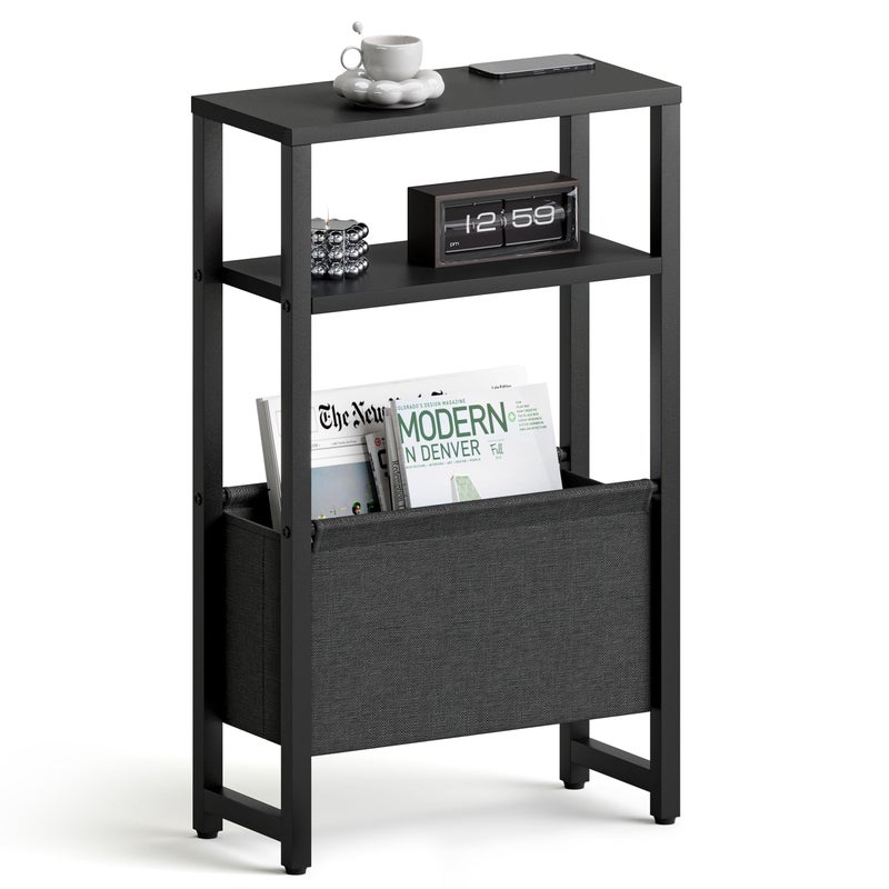 IRCPEN Narrow Side Table, Slim End Table with Magazine Rack, Bedside Table for Small Spaces, 3 Tier Sofa Couch Table Nightstand for Living Room, Bedroom Black LET503B - Image 1