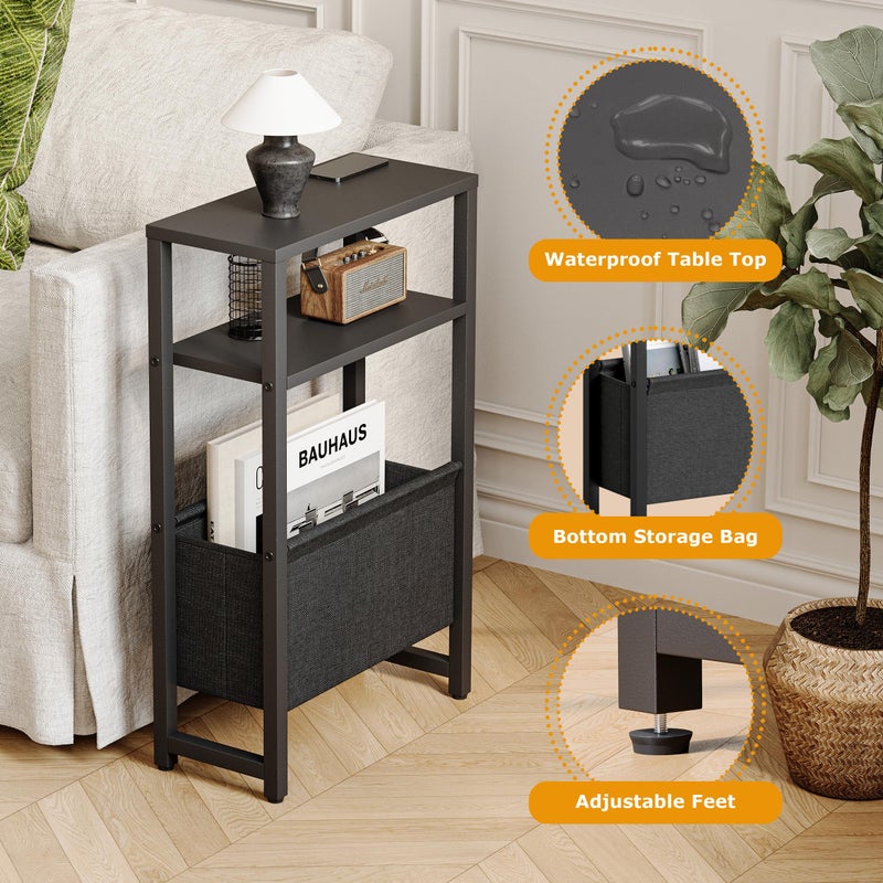 IRCPEN Narrow Side Table, Slim End Table with Magazine Rack, Bedside Table for Small Spaces, 3 Tier Sofa Couch Table Nightstand for Living Room, Bedroom Black LET503B - Image 4