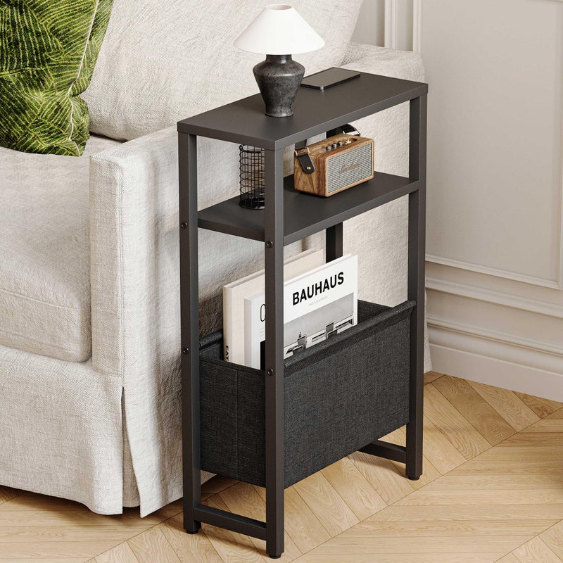 IRCPEN Narrow Side Table, Slim End Table with Magazine Rack, Bedside Table for Small Spaces, 3 Tier Sofa Couch Table Nightstand for Living Room, Bedroom Black LET503B - Image 2