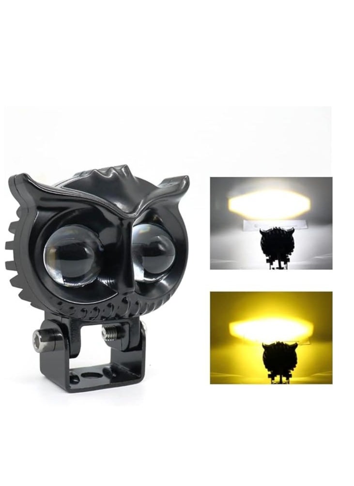 Owl Design 2 lens LED lantern flashlight extra light projector, yellow and white beam with off-road flicker, suitable for cars, bicycles, mopeds, scooters, trucks-one piece