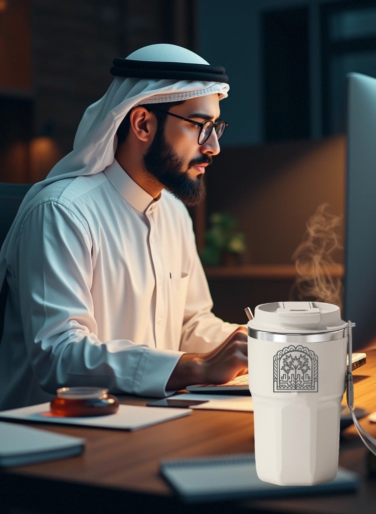 Insulated Travel Coffee Mug, Stainless Steel Thermos Cup with Strap, Palm Tree Pattern, 480ml,White - Image 2