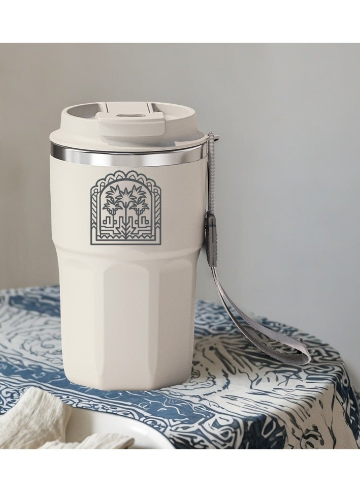 Insulated Travel Coffee Mug, Stainless Steel Thermos Cup with Strap, Palm Tree Pattern, 480ml,White - Image 3