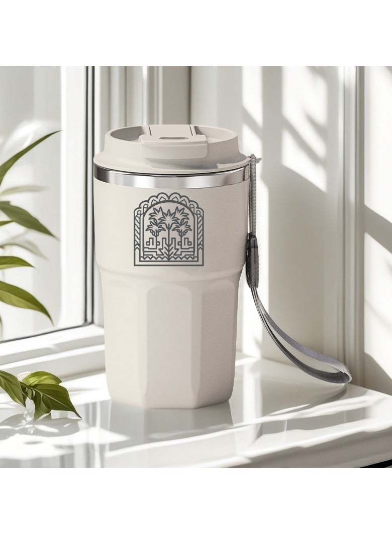 Insulated Travel Coffee Mug, Stainless Steel Thermos Cup with Strap, Palm Tree Pattern, 480ml,White - Image 5