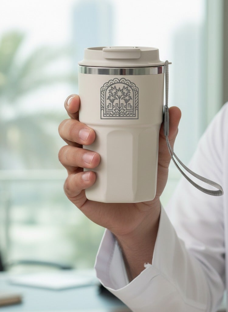 Insulated Travel Coffee Mug, Stainless Steel Thermos Cup with Strap, Palm Tree Pattern, 480ml,White - Image 1