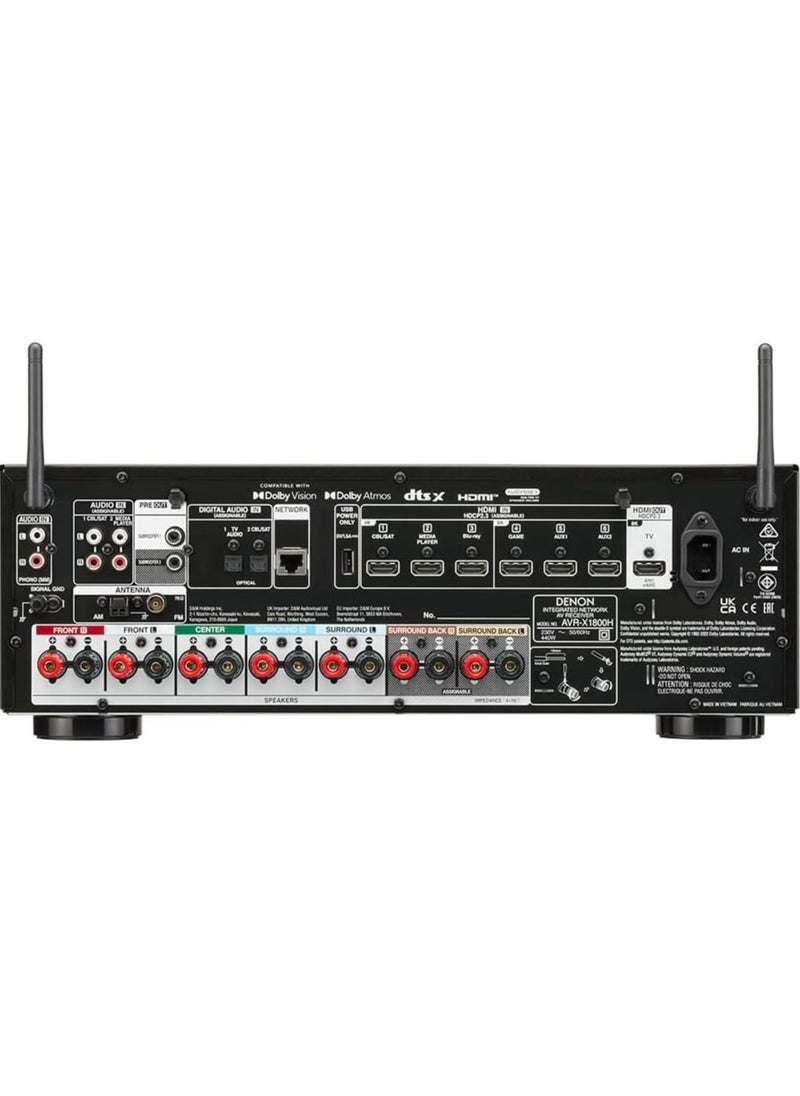 Denon AVR-X1800H 7.2 Channel AV Receiver - 80W/Channel, Wireless Streaming via Built-in HEOS, WiFi, & Bluetooth, Supports Dolby Vision, HDR10+, Dynamic HDR