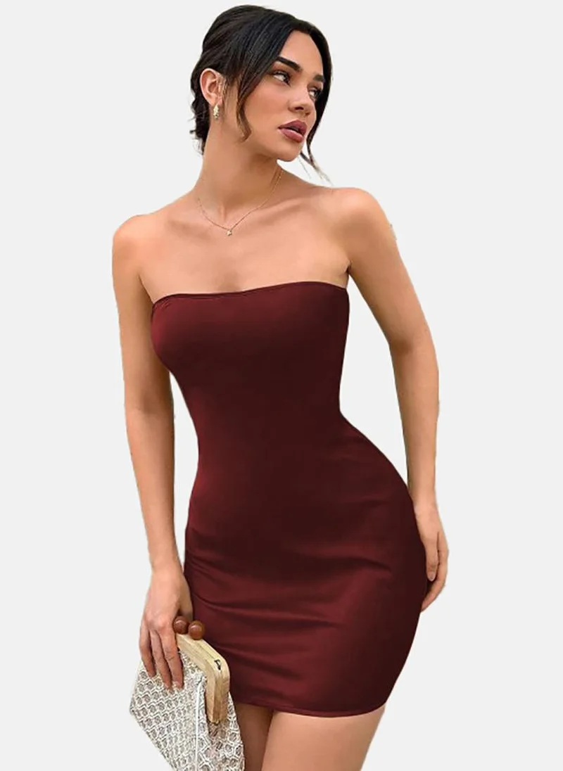 يونيكي Red Solid Sleeveless Off-shoulder Mini Bodycon Dress