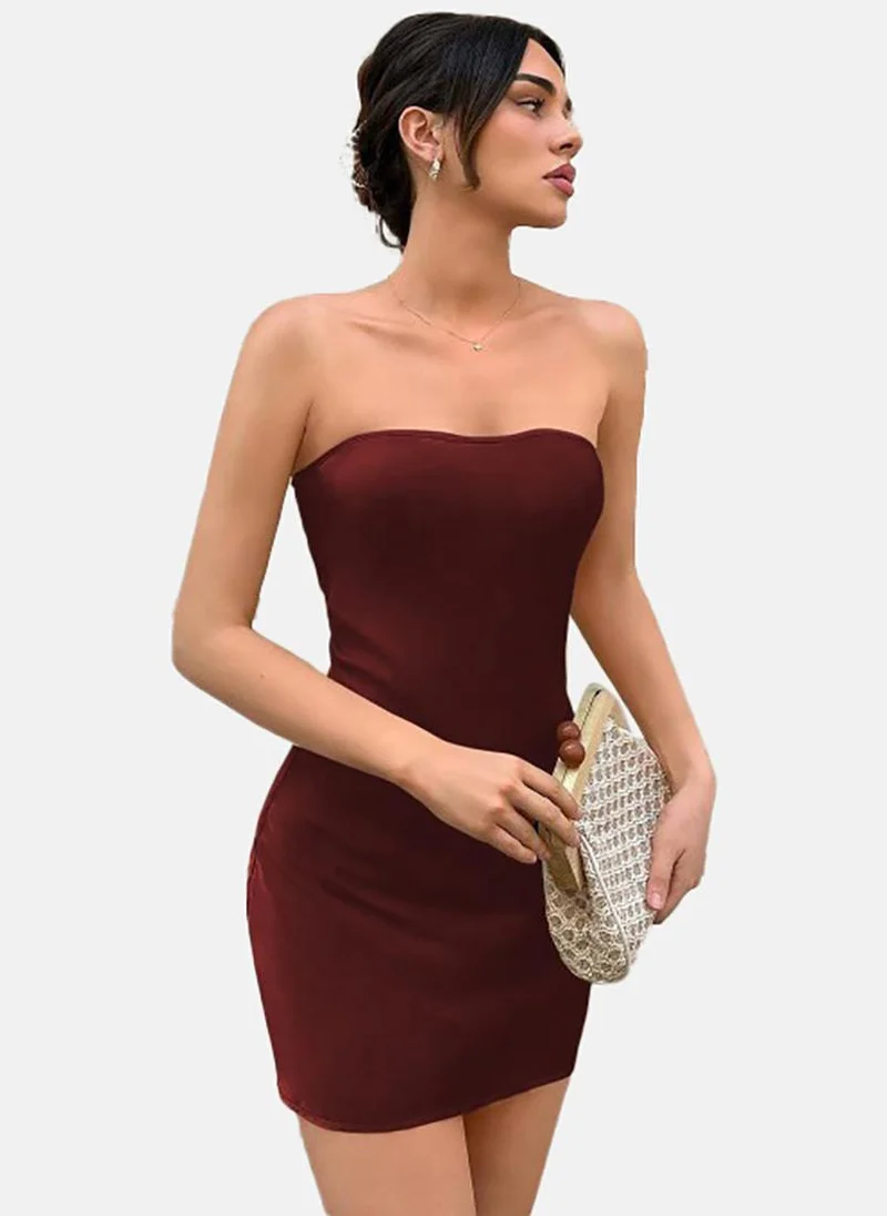 يونيكي Red Solid Sleeveless Off-shoulder Mini Bodycon Dress