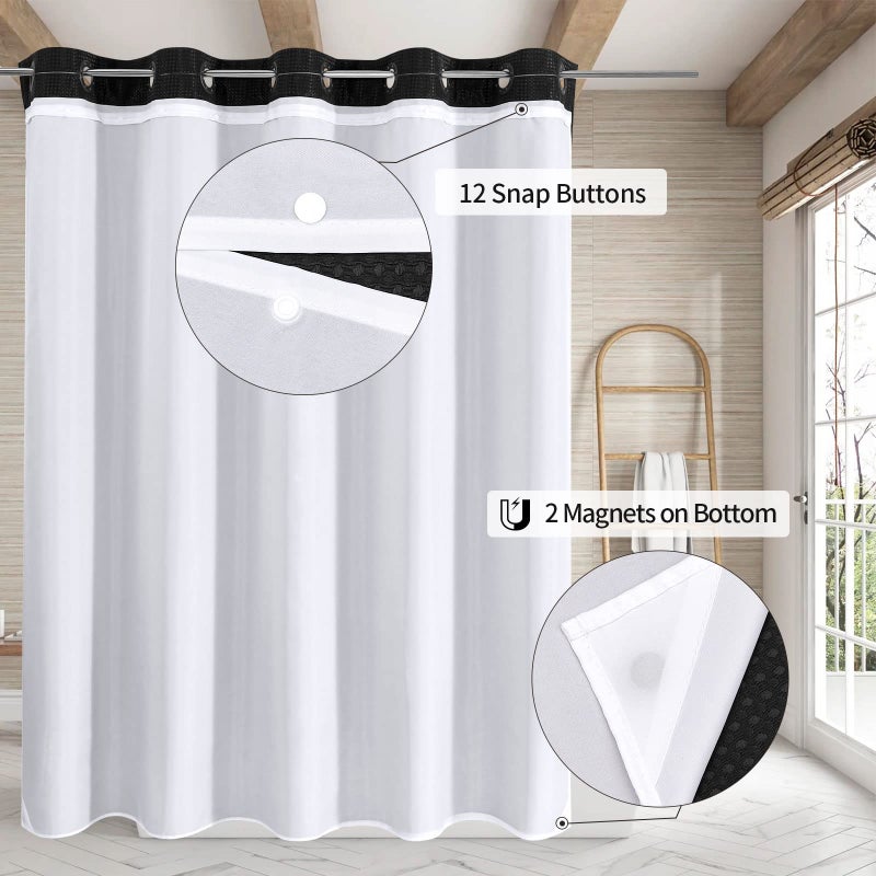 MitoVilla No Hooks Needed Black Waffle Shower Curtain Set with Snap-in Liner  Modern Waffle Weave Heavy Duty Fabric Cloth Shower Curtain for Luxury Neutral Hotel Spa Bathroom Decor  72 x 74 - Image 2