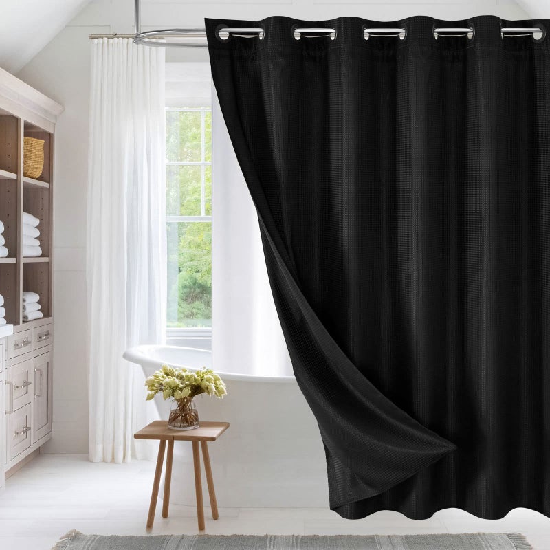 MitoVilla No Hooks Needed Black Waffle Shower Curtain Set with Snap-in Liner  Modern Waffle Weave Heavy Duty Fabric Cloth Shower Curtain for Luxury Neutral Hotel Spa Bathroom Decor  72 x 74 - Image 1