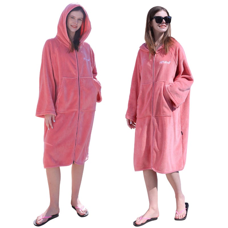 Hiturbo Surf Poncho Zipper Towel Hoodie: Oversized Hooded Wetsuit Changing Robe with Pocket - Plush Coral Fleece Swimwear for Home Beach Pool Bath - Pink - Image 3