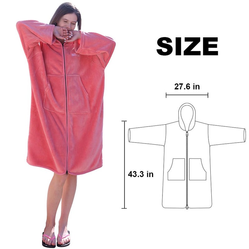 Hiturbo Surf Poncho Zipper Towel Hoodie: Oversized Hooded Wetsuit Changing Robe with Pocket - Plush Coral Fleece Swimwear for Home Beach Pool Bath - Pink - Image 2