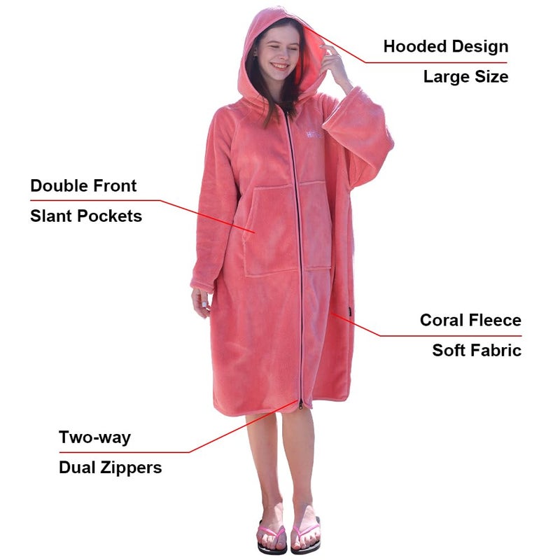Hiturbo Surf Poncho Zipper Towel Hoodie: Oversized Hooded Wetsuit Changing Robe with Pocket - Plush Coral Fleece Swimwear for Home Beach Pool Bath - Pink - Image 4
