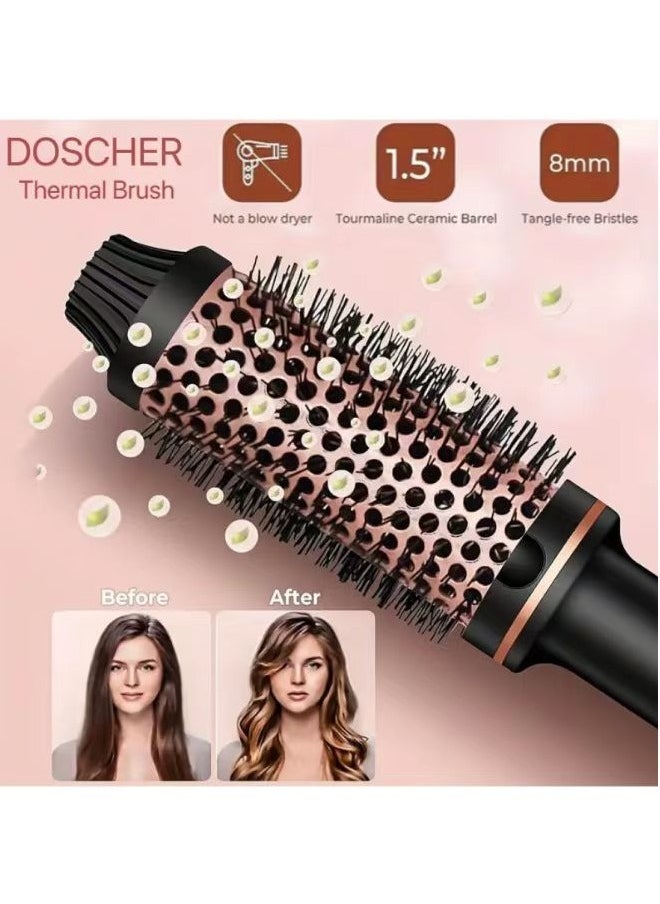 DOSCHER - Thermal Brush Curling Iron, 32mm Heated Curling Brush Ceramic Tourmaline Ionic Curling Iron for Curls and Straightening Dual-Use Volumizing Comb, Dual Voltage and LCD Display, 10 Temperature Settings - Image 1