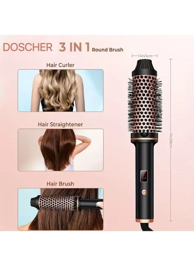 DOSCHER - Thermal Brush Curling Iron, 32mm Heated Curling Brush Ceramic Tourmaline Ionic Curling Iron for Curls and Straightening Dual-Use Volumizing Comb, Dual Voltage and LCD Display, 10 Temperature Settings - Image 1