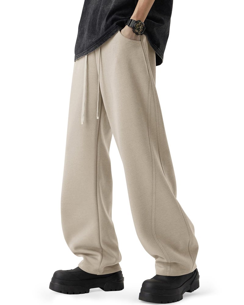 CANGHPGIN Mens Baggy Sweatpants Wide Leg Lounge Pants with Pockets, Loose Fit Cotton Sweat Pants for Men Casual Light Khaki - Image 2