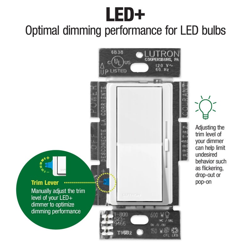 Lutron Diva LED+ Dimmer Switch for Dimmable LED, Halogen and Incandescent Bulbs, 150W/Single-Pole or 3-Way, DVCL-153P-GR, Gray Color (Wallplate sold separately ) - Image 2
