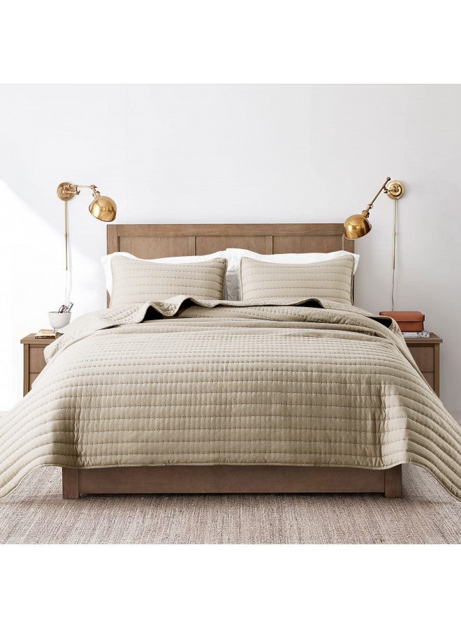 ROARINGWILD Beige Cream Tan King Size Quilt Bedding Sets with Pillow Shams, Lightweight Soft Bedspread Coverlet, Quilted Blanket Thin Comforter Bed Cover for All Season, 3 Pieces, 104x90 inches - Image 1