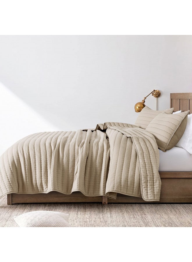 ROARINGWILD Beige Cream Tan King Size Quilt Bedding Sets with Pillow Shams, Lightweight Soft Bedspread Coverlet, Quilted Blanket Thin Comforter Bed Cover for All Season, 3 Pieces, 104x90 inches - Image 2