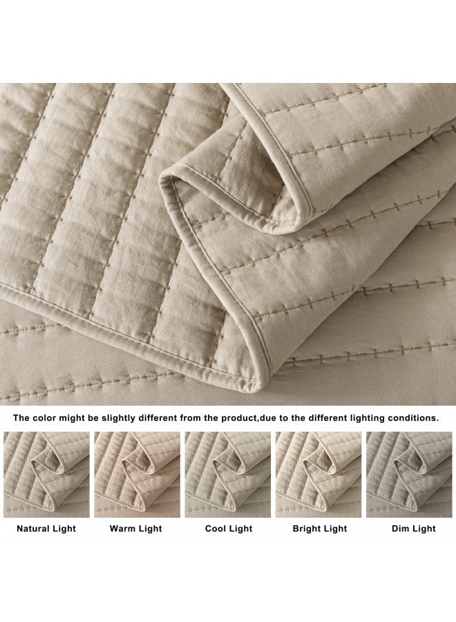 ROARINGWILD Beige Cream Tan King Size Quilt Bedding Sets with Pillow Shams, Lightweight Soft Bedspread Coverlet, Quilted Blanket Thin Comforter Bed Cover for All Season, 3 Pieces, 104x90 inches - Image 3