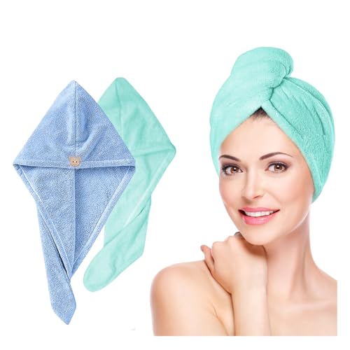 Fezora Hair Towel Wrap for Women (Pack of 2) | Quick-Dry Microfiber Hair Turban with Elastic Loop | Super Absorbent Hair Drying Towel for Ladies & Girls (Sky & Pista Green) - Image 1