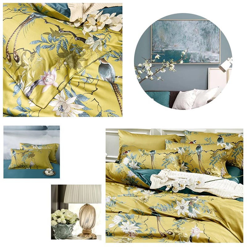 mixinni King Size Flowers and Birds Pattern Printed Gold Bed Pilowcase 100% Cotton Pillow Cover 20 x 36 Inches Set of 2 (King, 5209-Pillowcases) - Image 3