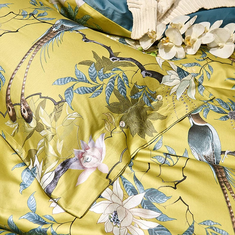mixinni King Size Flowers and Birds Pattern Printed Gold Bed Pilowcase 100% Cotton Pillow Cover 20 x 36 Inches Set of 2 (King, 5209-Pillowcases) - Image 1