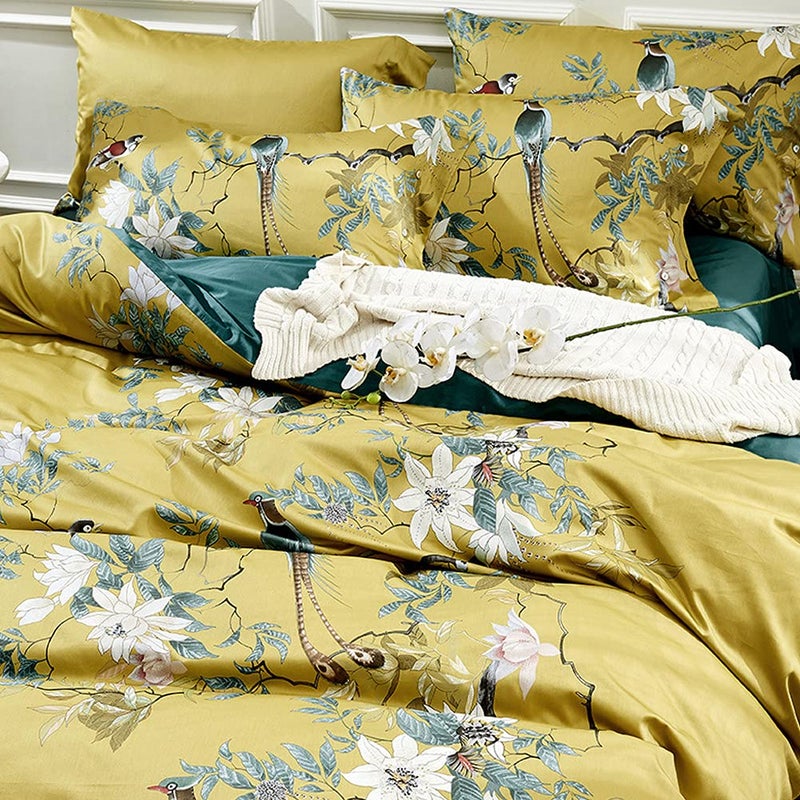 mixinni King Size Flowers and Birds Pattern Printed Gold Bed Pilowcase 100% Cotton Pillow Cover 20 x 36 Inches Set of 2 (King, 5209-Pillowcases) - Image 2