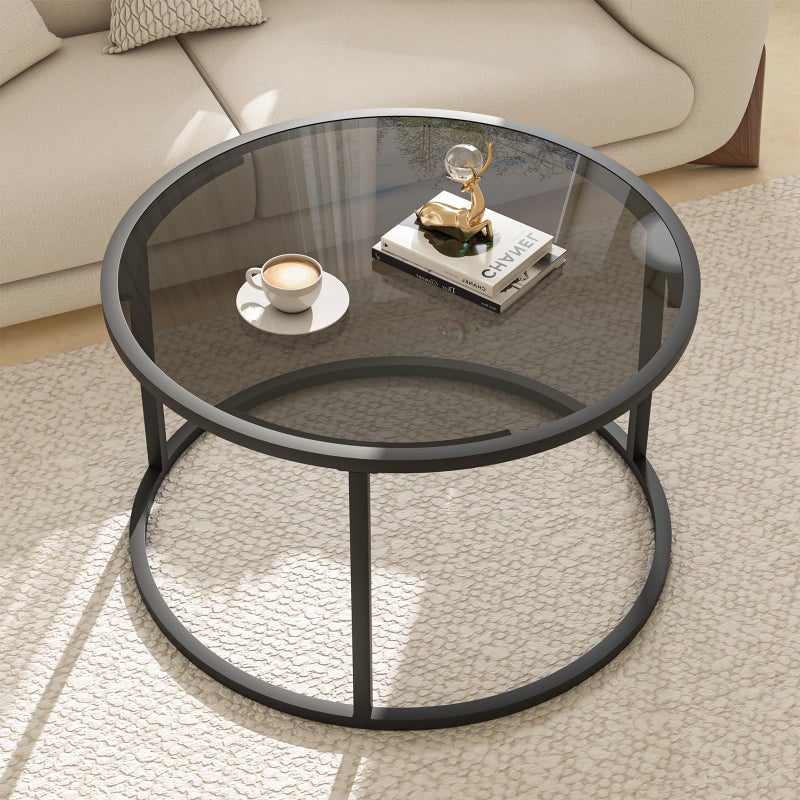 Glass Coffee Table Modern Center TableMinimalist Round Coffee Tea TableTempered Glasstop with Sturdy Metal Frame for Living Room Bedroom Office and Small Space 27 x 27 x 17 InchGray Black