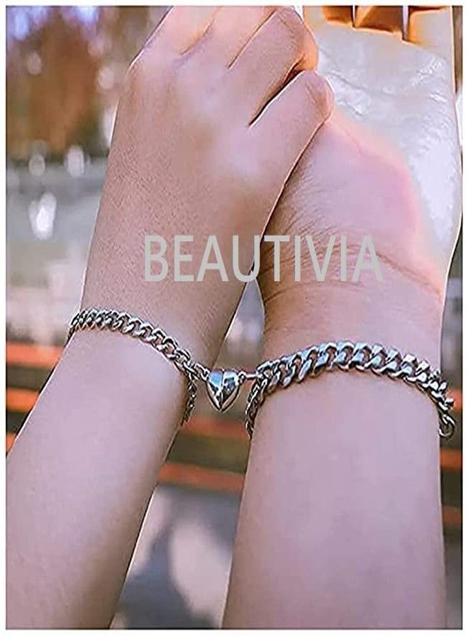 BEAUTIVIA Magnetic Couple Bracelets, 2 Pcs Adjustable Cuban link Chain Magnetic Heart Hand In Hand Bracelets Stainless Steel Matching Promise Best friend, Couples Bracelets for Friendship Love Boyfriend Girlfriend Women Men Gifts - Image 2