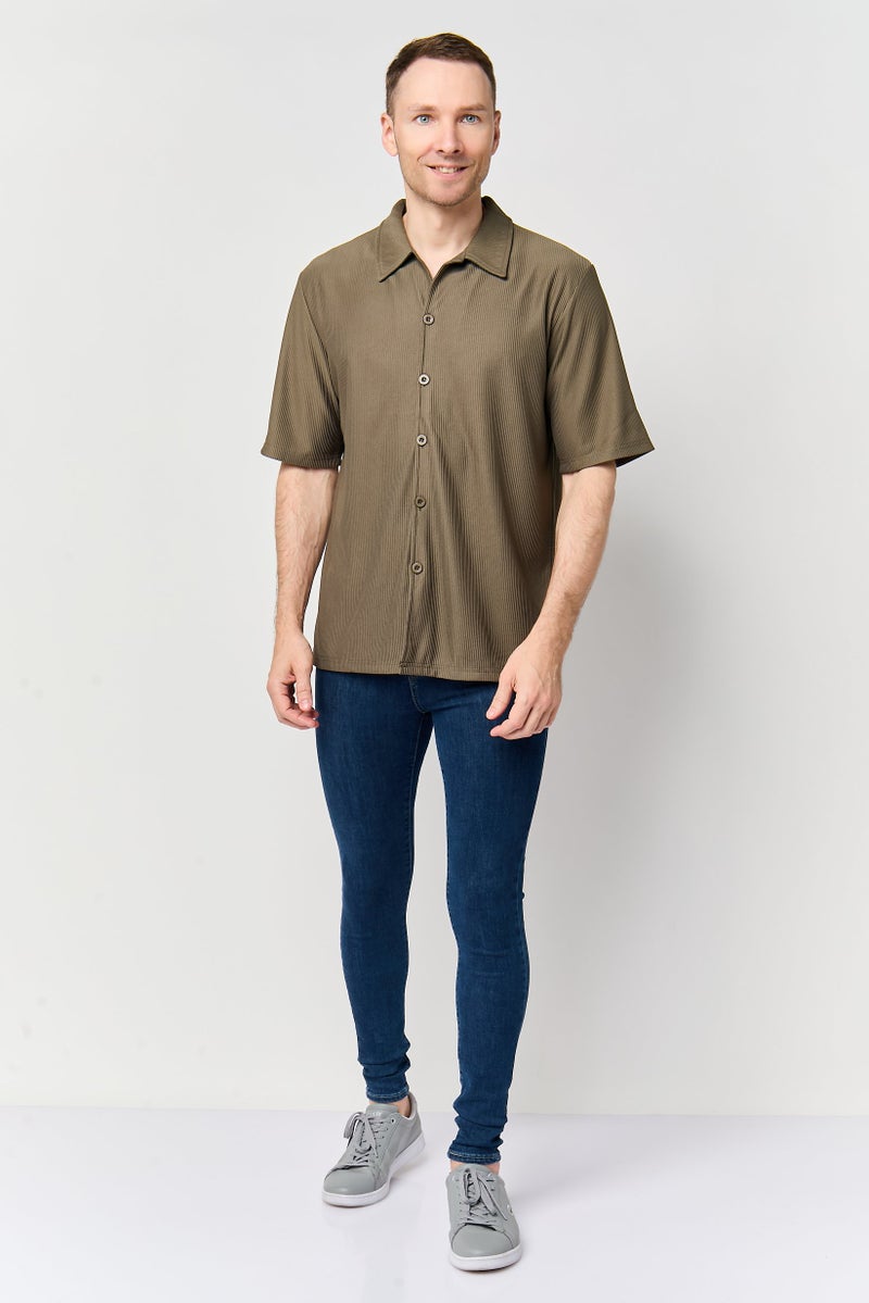 Core Elements Men Regular Fit Short Sleeve Textured Casual Shirt, Dark Olive - Image 2