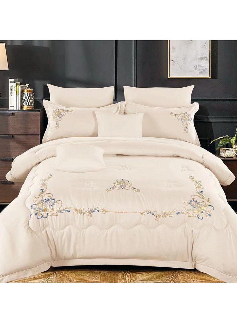 Comfy Comfy 6pc Embroidered Premium Quality Pure Cotton King Size Cream Comforter Set 