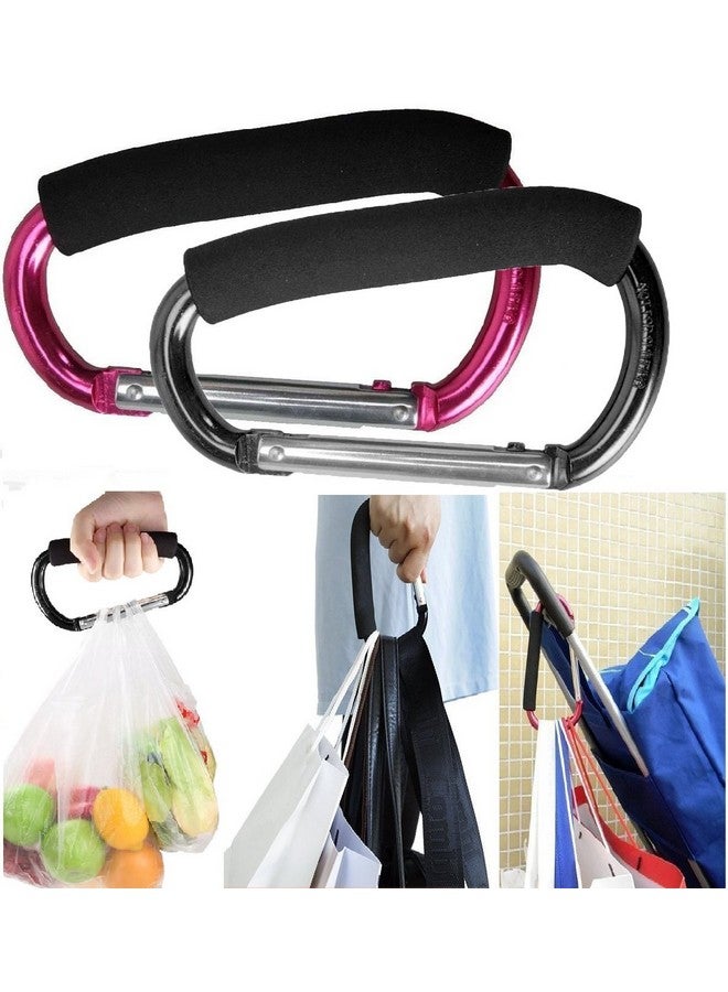 Newraturner Large Stroller Hooks For Mommy 2 Pcs Carabiner Stroller Hook Organizer For Hanging Purses Diaper Bag Shopping Bags. Clip Fits Singletwin Travel Systems Car Seats And Joggers (Black+Rose) - Image 1