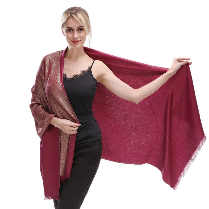 LMVERNA Glitter Shimmer Fringed Stole Scarf Two-Sided Pashmina Shawl Wrap Scarf for Women(Maroon-Glod) - Image 1