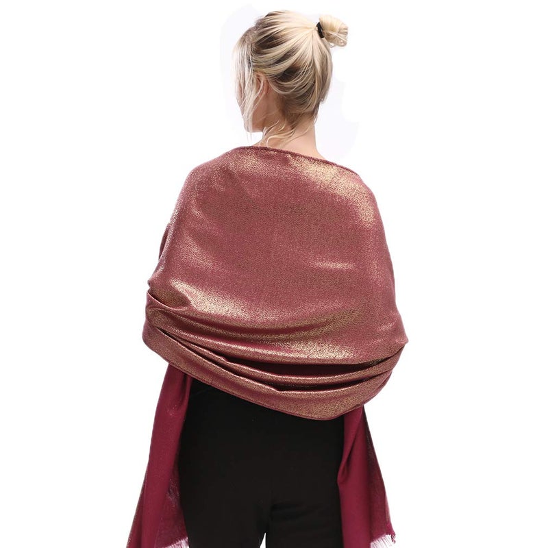 LMVERNA Glitter Shimmer Fringed Stole Scarf Two-Sided Pashmina Shawl Wrap Scarf for Women(Maroon-Glod) - Image 4