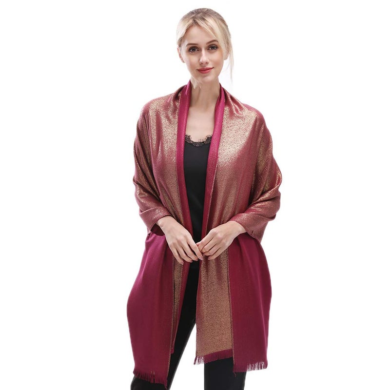 LMVERNA Glitter Shimmer Fringed Stole Scarf Two-Sided Pashmina Shawl Wrap Scarf for Women(Maroon-Glod) - Image 2