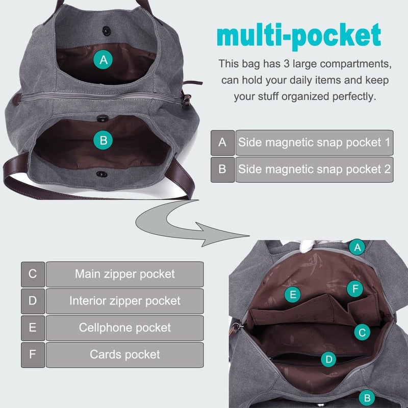 DOURR Store Women's Multi-pocket Shoulder Bag Fashion Cotton Canvas Handbag Tote Purse - Image 2
