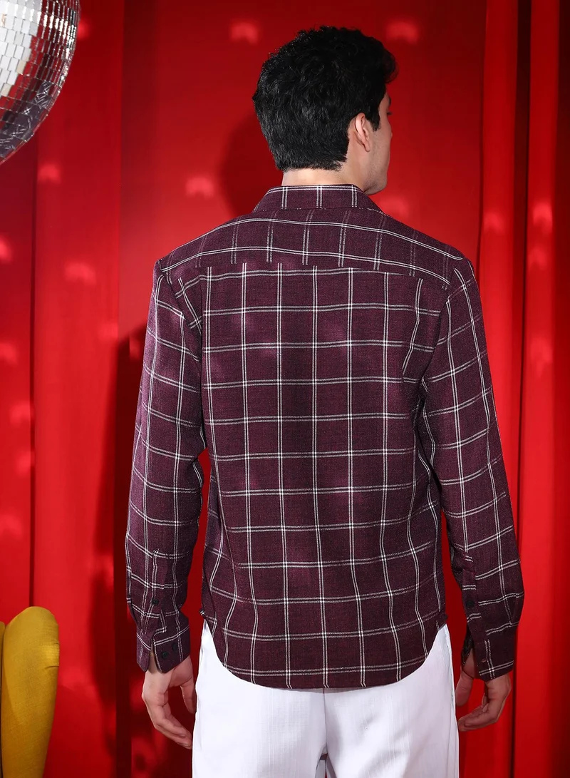 Campus Sutra Men's Wine Red BiGraph-Check Shirt
