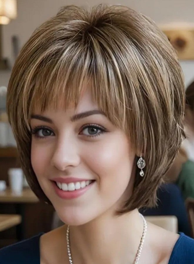 TISHINING Brown Short Hair Wigs for White Women Brown Mix Blonde Pixie Cut Wig with Bangs Brown with Blonde Highlights Straight Synthetic Natural Looking Daily Party Wig - Image 1