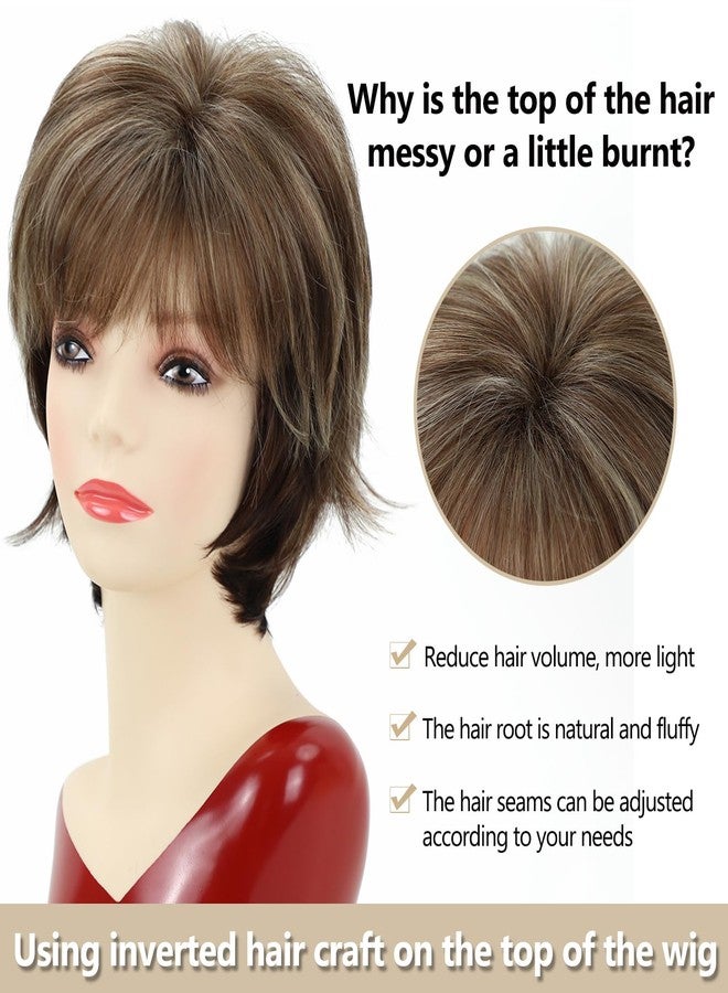 TISHINING Brown Short Hair Wigs for White Women Brown Mix Blonde Pixie Cut Wig with Bangs Brown with Blonde Highlights Straight Synthetic Natural Looking Daily Party Wig - Image 5