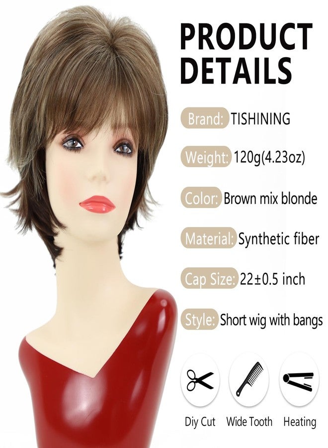 TISHINING Brown Short Hair Wigs for White Women Brown Mix Blonde Pixie Cut Wig with Bangs Brown with Blonde Highlights Straight Synthetic Natural Looking Daily Party Wig - Image 3