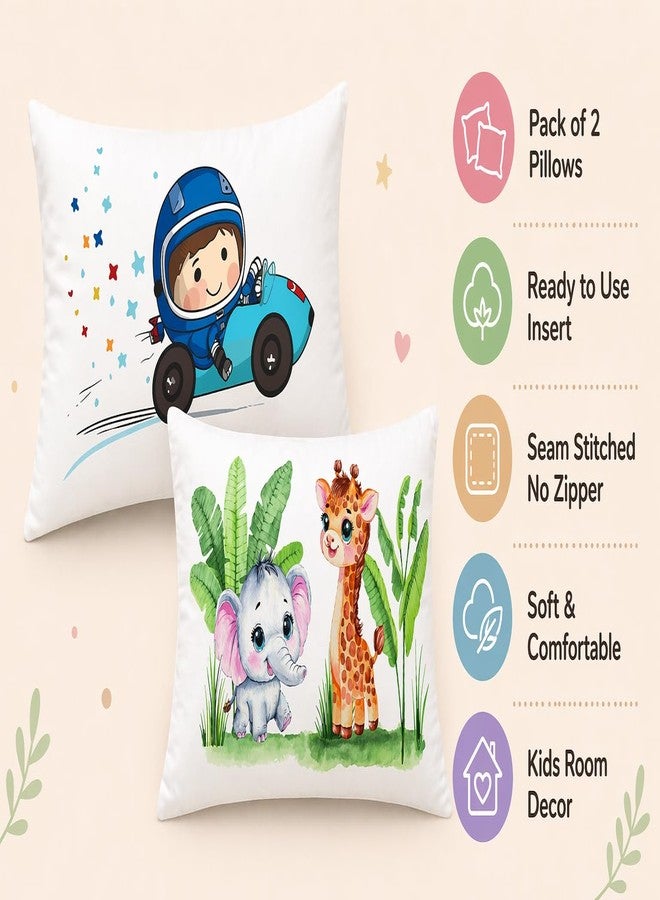 VLYSIUM Kids Pillow Pack of 2, 12x18 Inch Soft Polyester Fabric, Cute Cartoon Prints (Racing Car Baby Driver + Elephant & Giraffe Jungle), Baby Pillow for 1–5 Years, Neck Support Cushion Set - Image 2