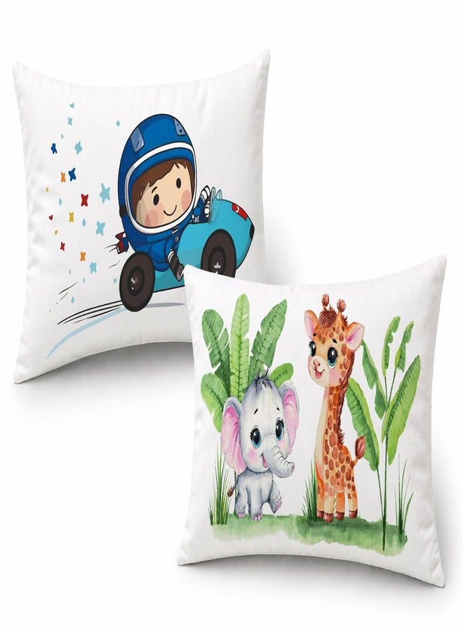 VLYSIUM Kids Pillow Pack of 2, 12x18 Inch Soft Polyester Fabric, Cute Cartoon Prints (Racing Car Baby Driver + Elephant & Giraffe Jungle), Baby Pillow for 1–5 Years, Neck Support Cushion Set - Image 1
