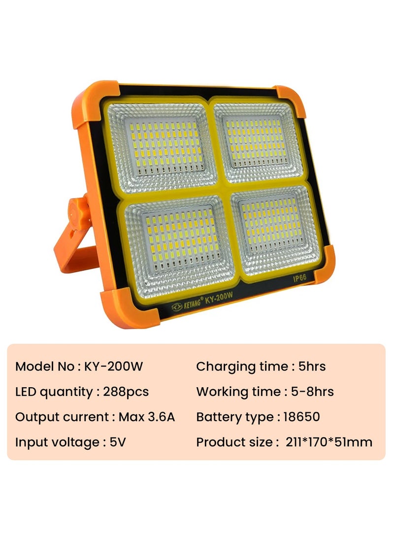 Rechargeable LED Flood Light with Solar & USB Charging, 288 LEDs, IP66 Waterproof, Input Voltage 5V, Portable Work Light with Adjustable Stand, Power Bank Function, for Outdoor Camping Garage Emergency KY-200W