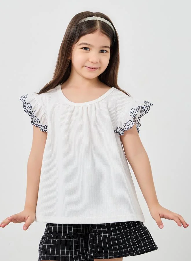 ستايلي Styli Embroidered Sleeve Top and Checked Shorts Set