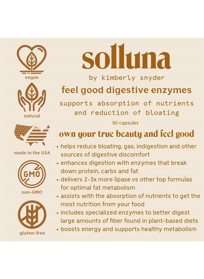 Solluna by Kimberly Snyder - Feel Good Digestive Enzymes Digestion & Nutrient Absorption Aid for Stomach Pain, Gas & Bloating — Multi-Enzymes Lipase, Amylase, Protease, Cellulase, & Galactosidase - Image 1